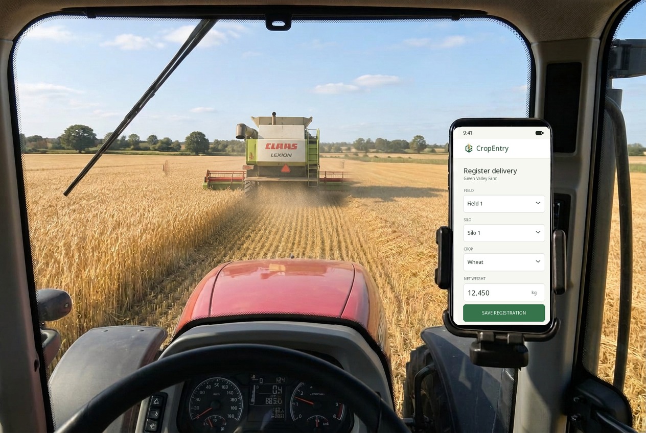 From a modern Case IH tractor following a CLAAS combine harvesting along the edge of standing wheat, with CropEntry on a mounted iPhone (AI-generated image)